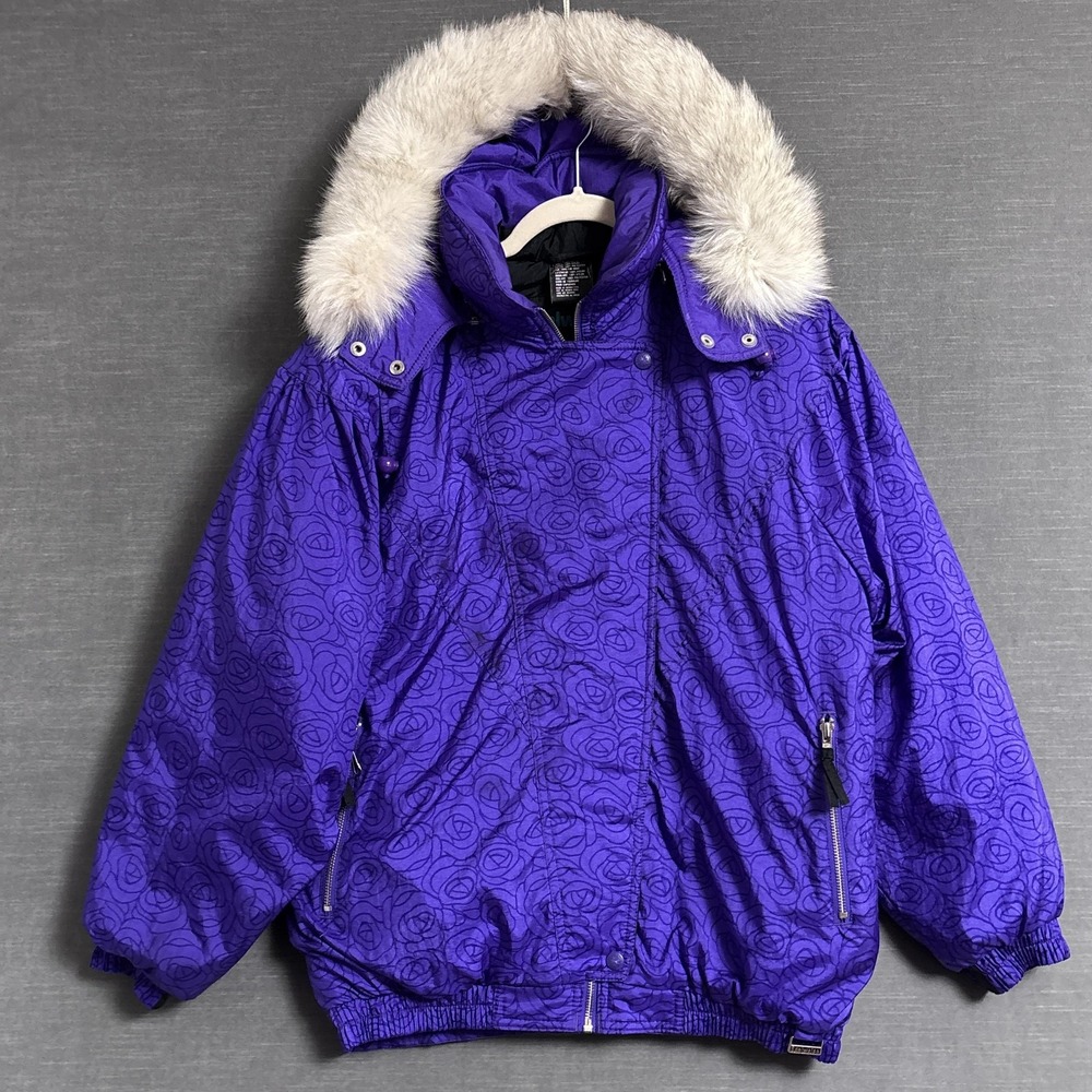 Vintage Edelweiss‎ Skiwear Jacket Medium Purple Hooded Real Fur Trim Ski 90s